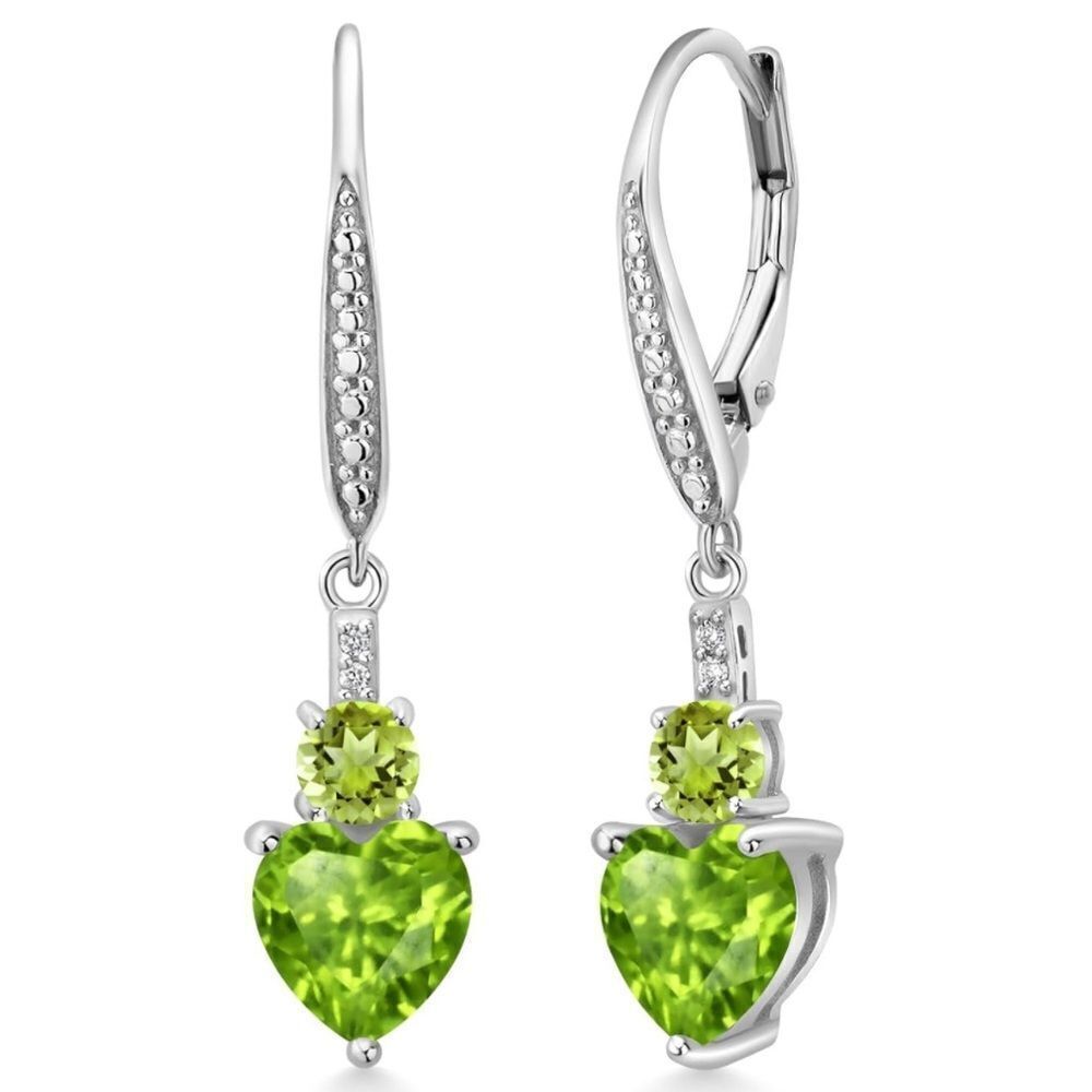 925 Sterling Silver with 3.03 Cttw Peridot and White Diamond Heart Earrings